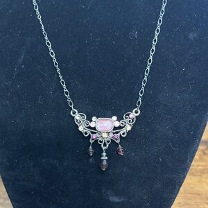 1928 Silver Necklace with Pink and Dark Purple Details